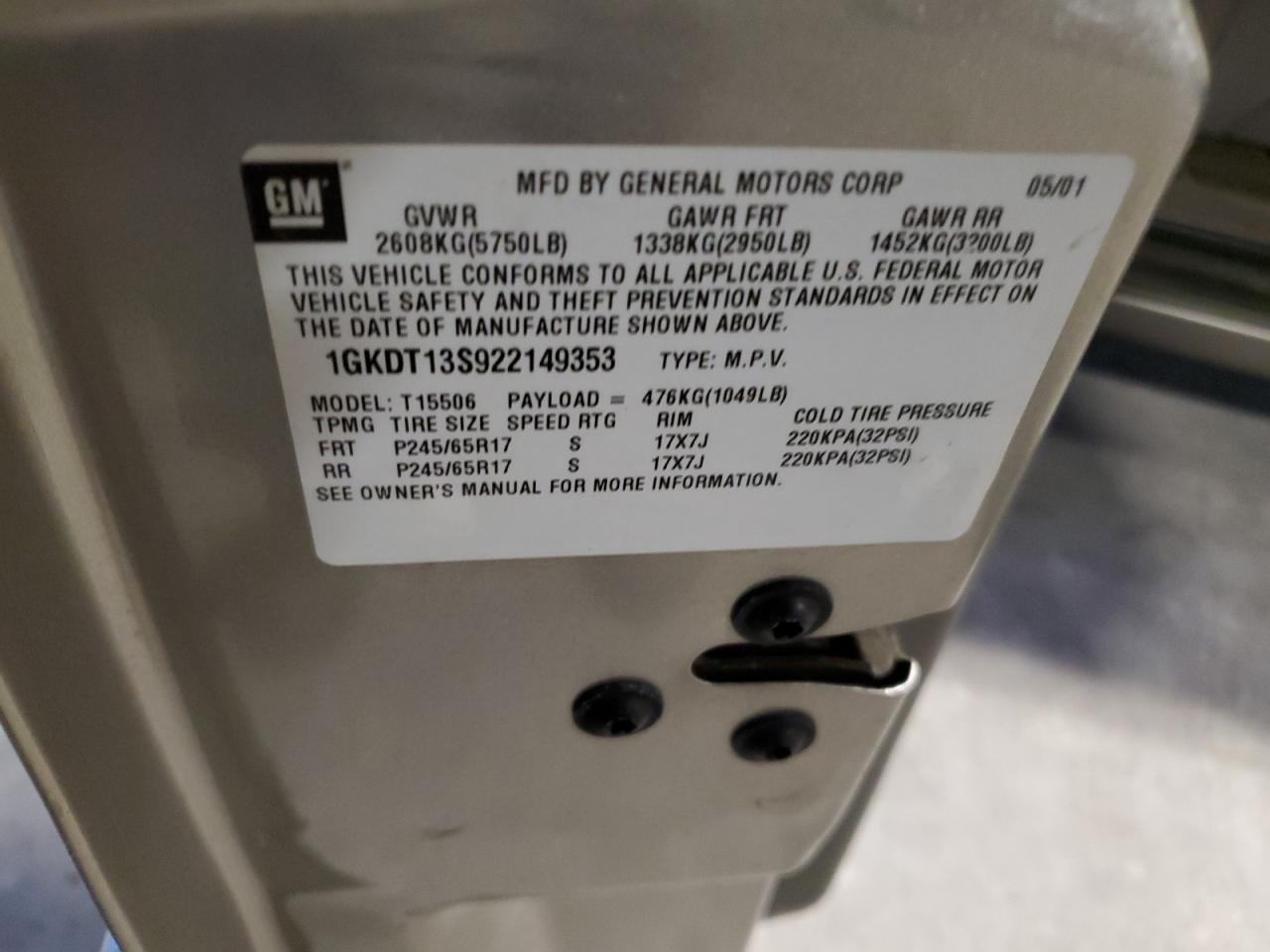 2002 GMC Envoy VIN: 1GKDT13S922149353 Lot: 84551995