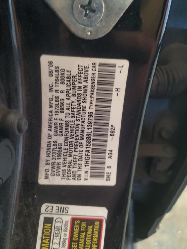 2006 Honda Civic Ex VIN: 1HGFA15886L139796 Lot: 82413135