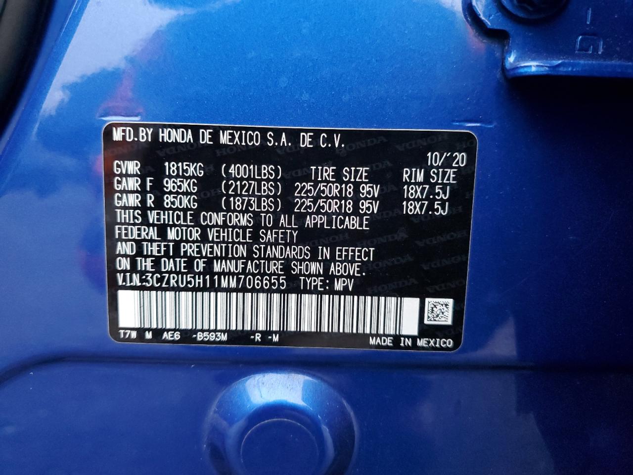 2021 Honda Hr-V Sport VIN: 3CZRU5H11MM706655 Lot: 82275275