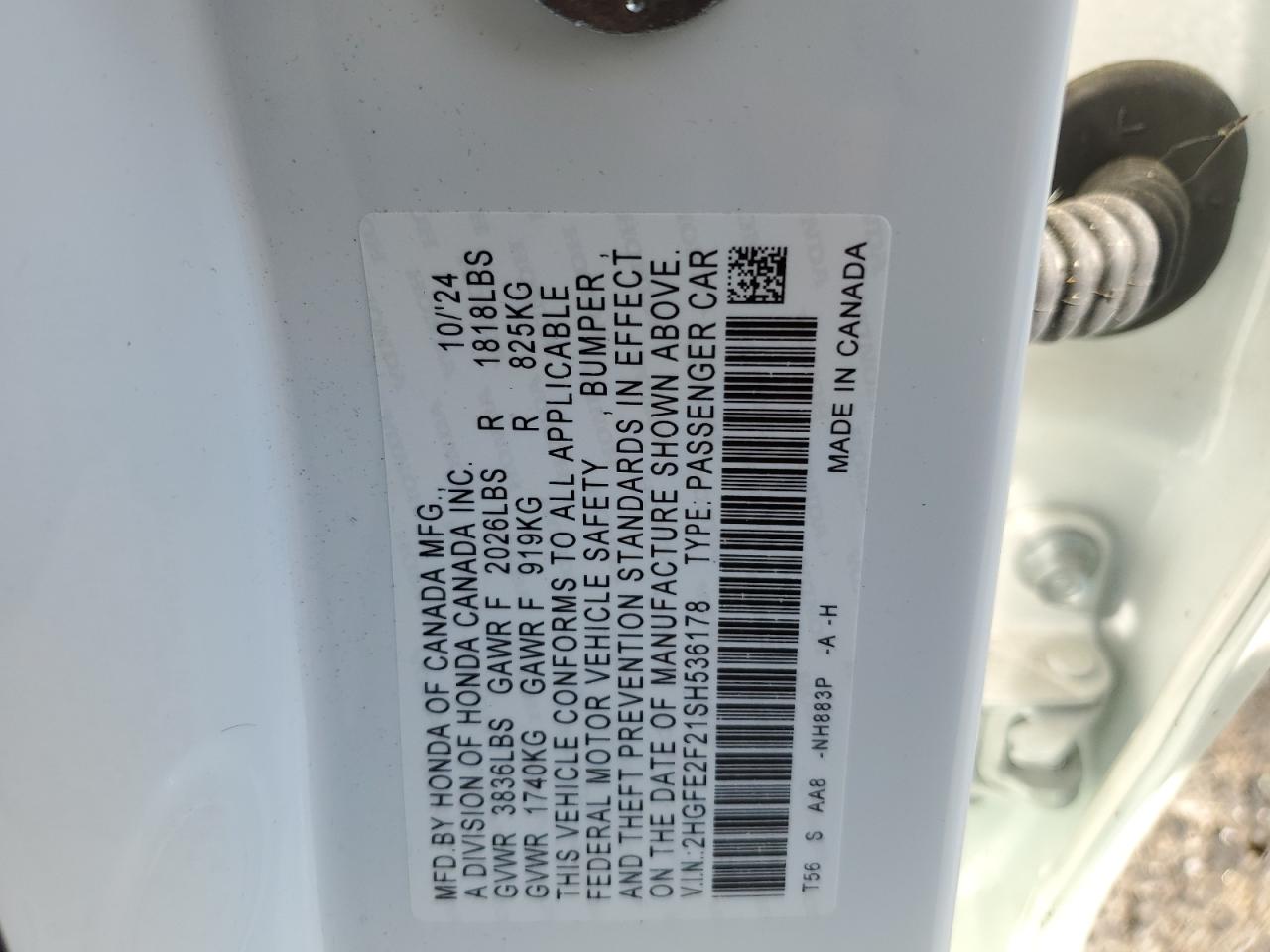 2025 Honda Civic Lx VIN: 2HGFE2F21SH536178 Lot: 86169465