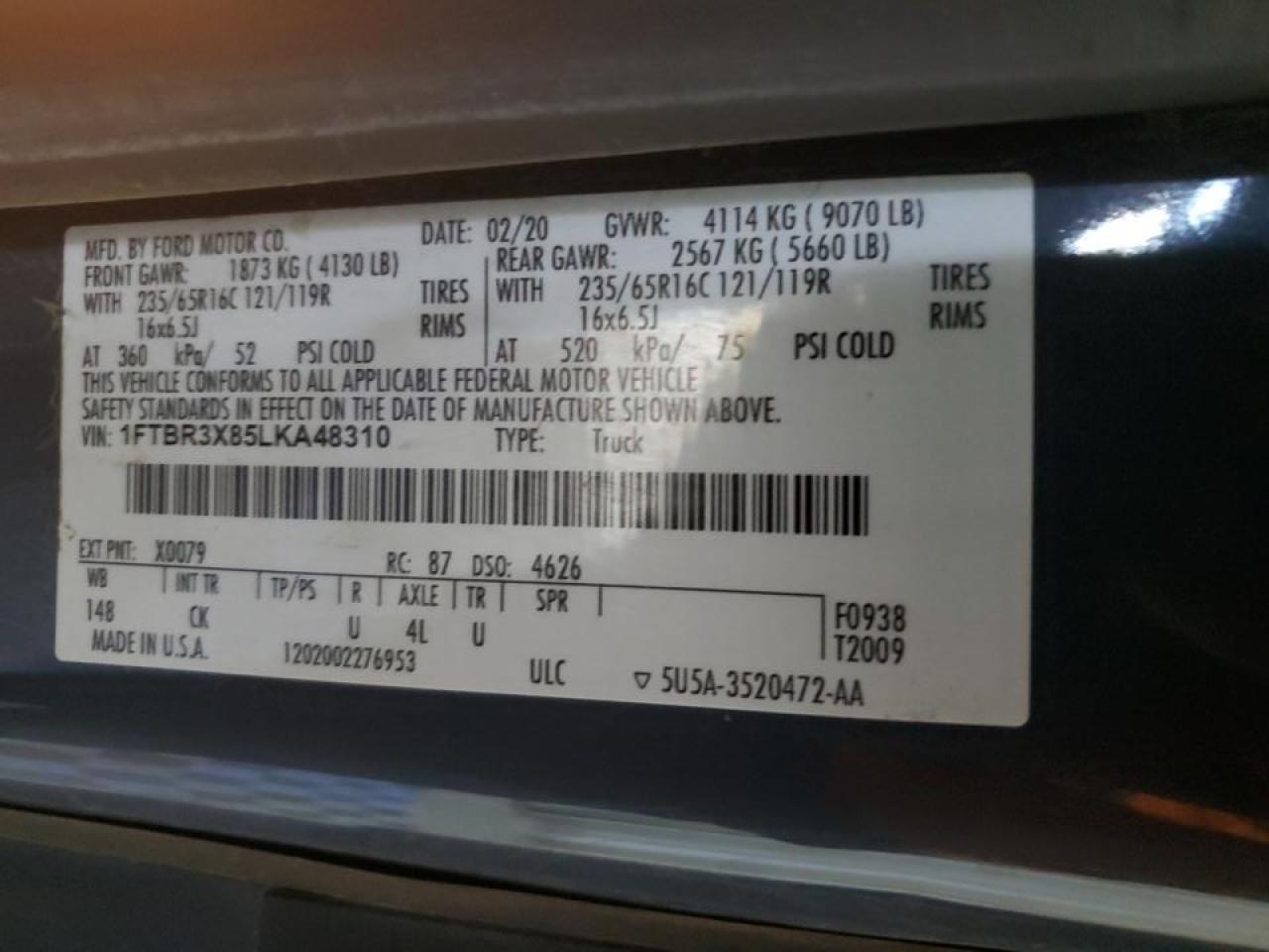 2020 Ford Transit Delivery Van VIN: 1FTBR3X85LKA48310 Lot: 86989695