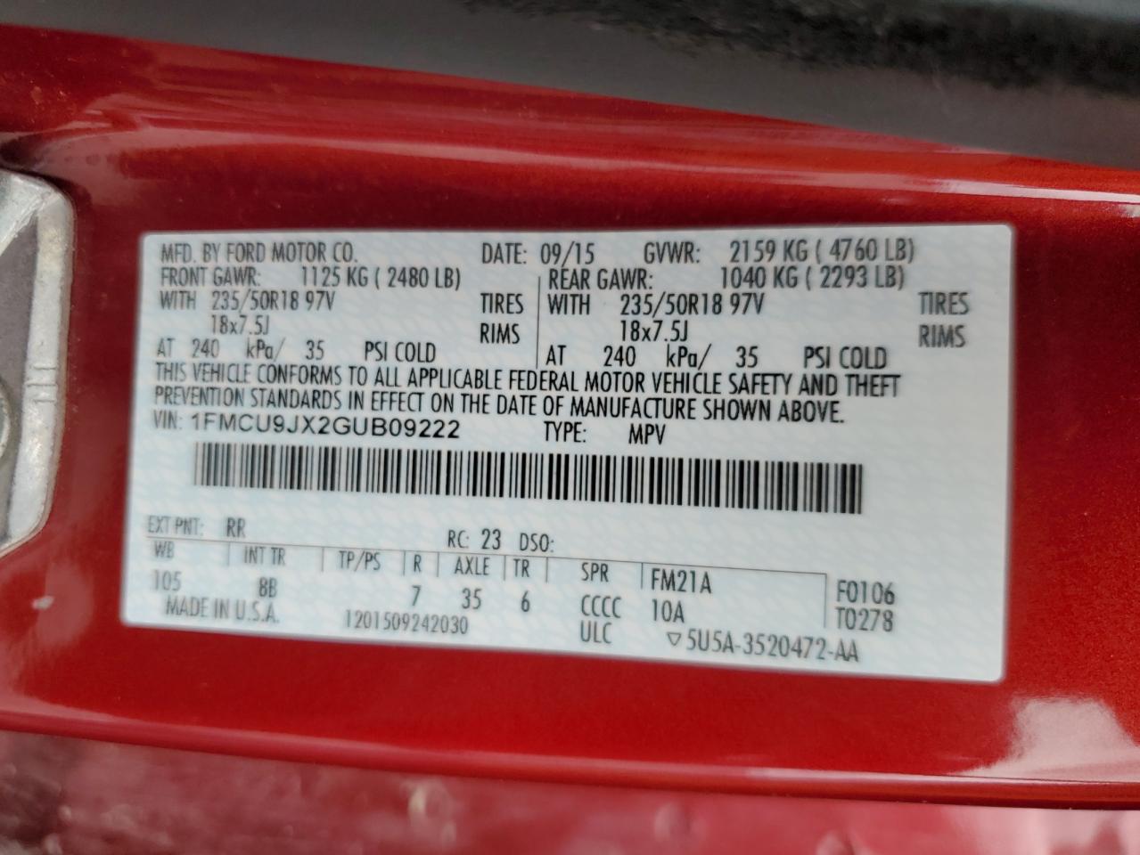 2016 Ford Escape Titanium VIN: 1FMCU9JX2GUB09222 Lot: 85649465