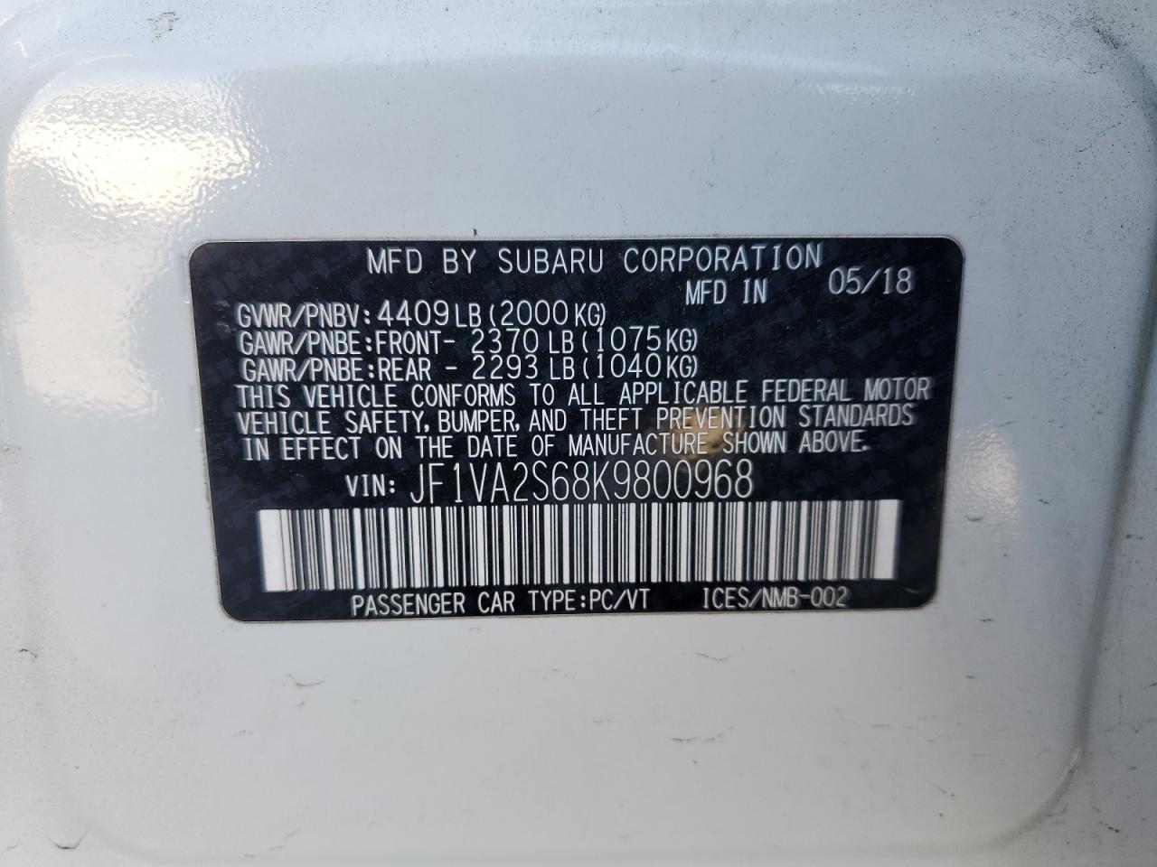 2019 Subaru Wrx Sti VIN: JF1VA2S68K9800968 Lot: 84957245