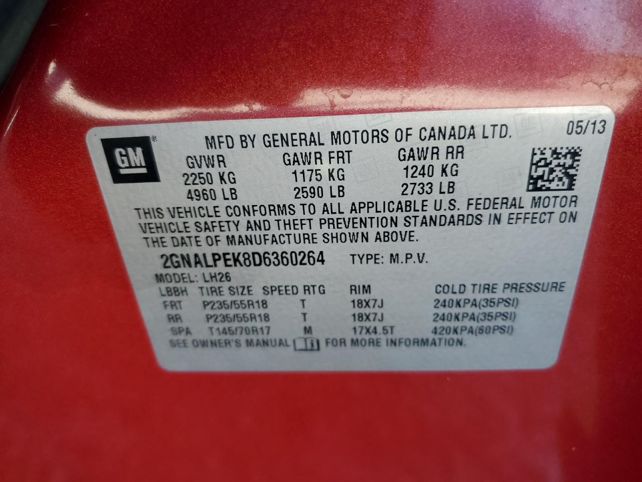 2013 Chevrolet Equinox Lt VIN: 2GNALPEK8D6360264 Lot: 87214075