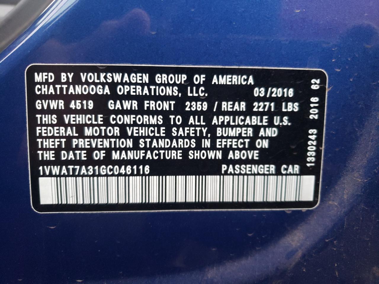 2016 Volkswagen Passat S VIN: 1VWAT7A31GC046116 Lot: 85878775