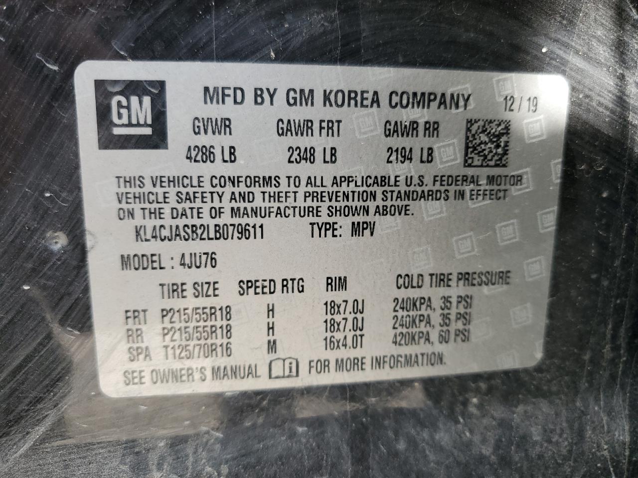 2020 Buick Encore Preferred VIN: KL4CJASB2LB079611 Lot: 89483555