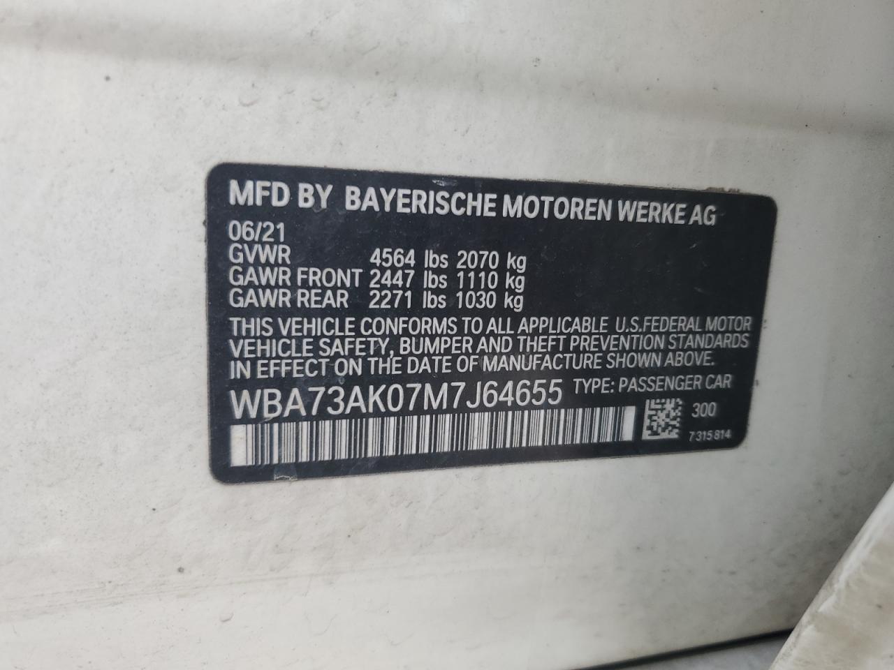 2021 BMW 228Xi VIN: WBA73AK07M7J64655 Lot: 86223335