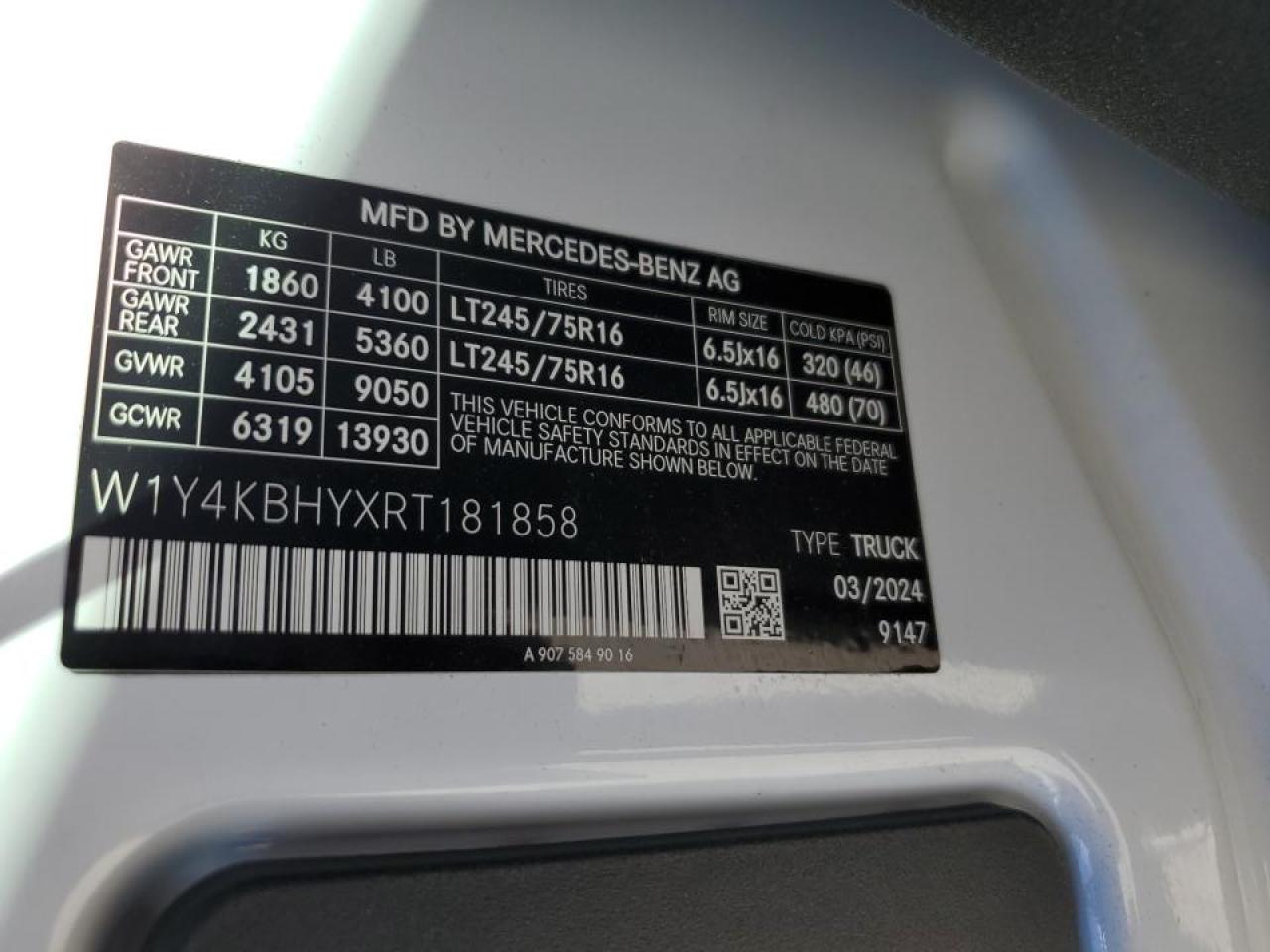 2024 Mercedes Benz Sprinter 2500 Delivery Van VIN: W1Y4KBHYXRT181858 Lot: 90326745