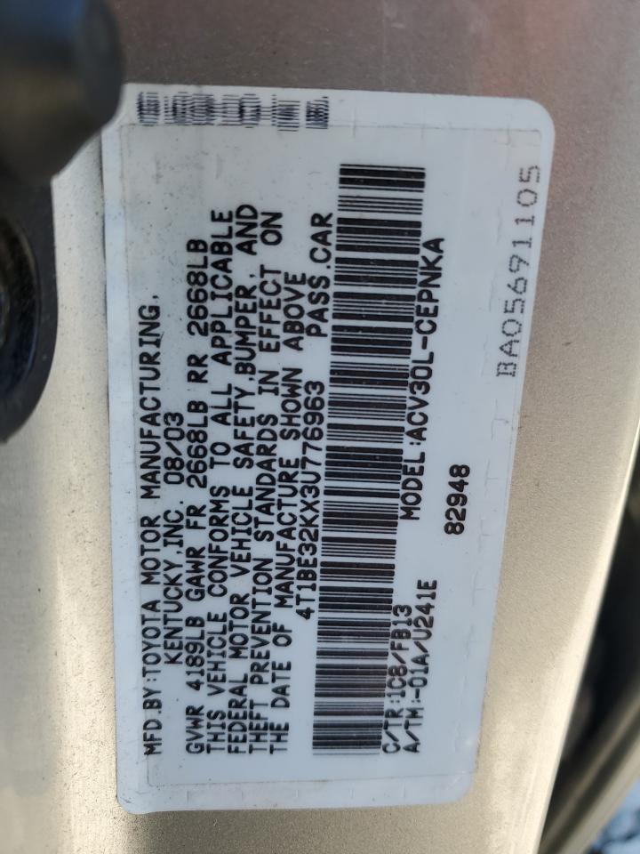 2003 Toyota Camry Le VIN: 4T1BE32KX3U776963 Lot: 85929655