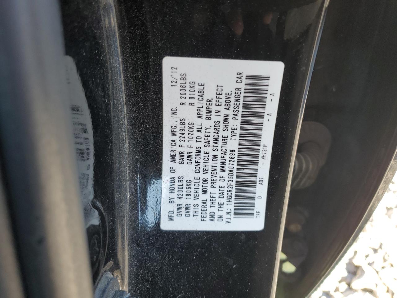 2013 Honda Accord Lx VIN: 1HGCR2F35DA072698 Lot: 84578465