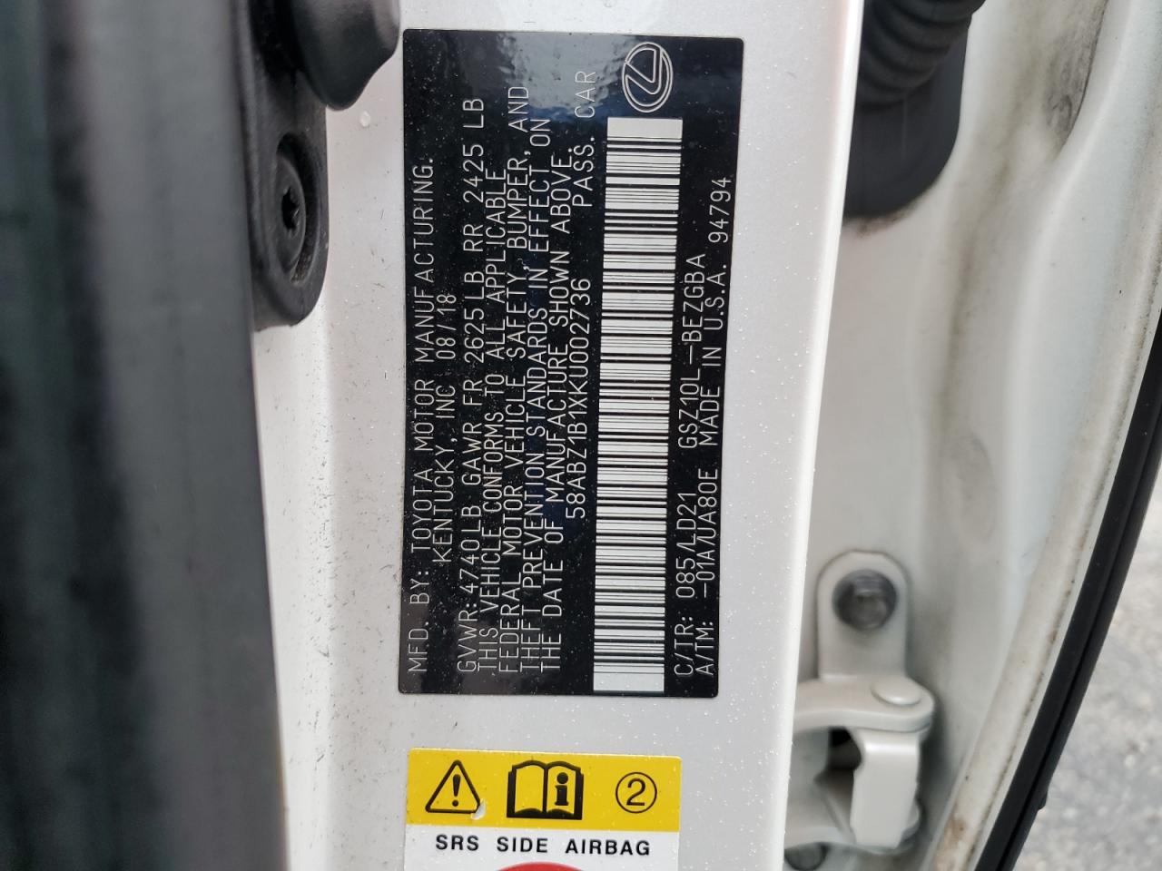 2019 Lexus Es 350 VIN: 58ABZ1B1XKU002736 Lot: 86334685