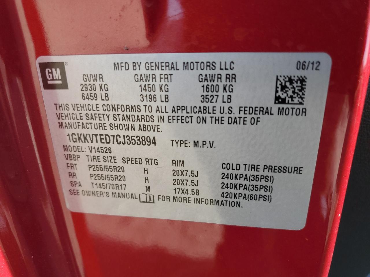 2012 GMC Acadia Denali VIN: 1GKKVTED7CJ353894 Lot: 86894625