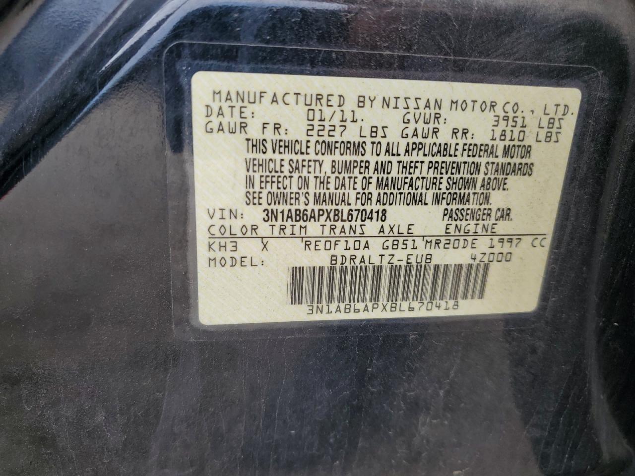 2011 Nissan Uk VIN: 3N1AB6APXBL670418 Lot: 82277715