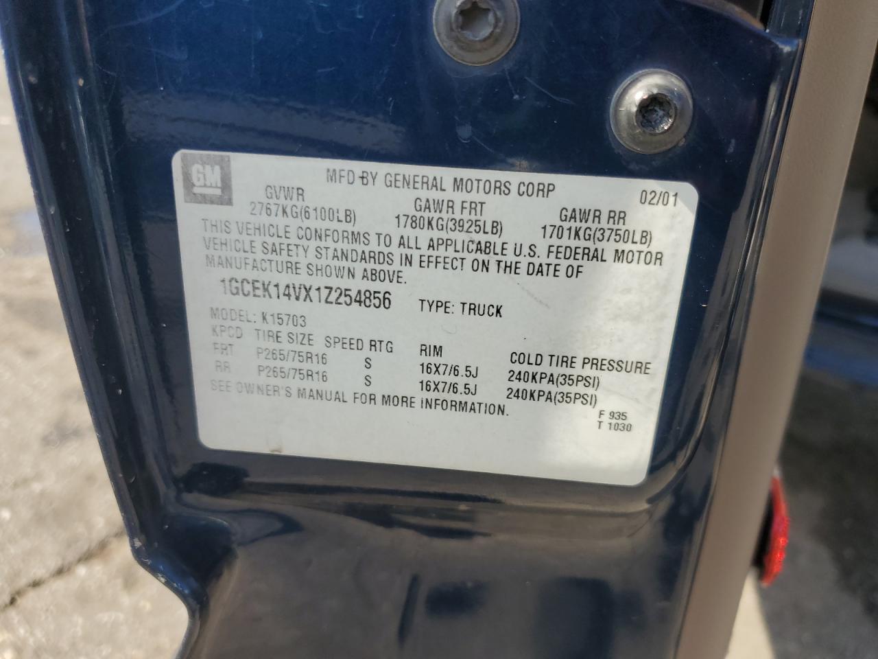 2001 Chevrolet Silverado K1500 VIN: 1GCEK14VX1Z254856 Lot: 86082535