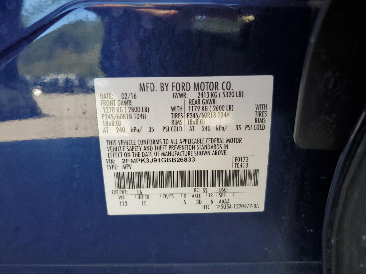 2016 Ford Edge Sel VIN: 2FMPK3J91GBB26833 Lot: 82367995