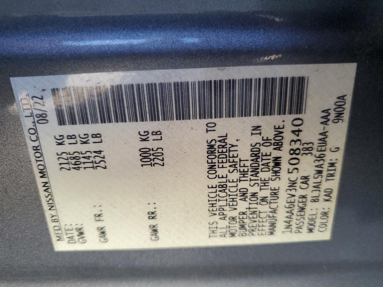 2022 Nissan Maxima Sr VIN: 1N4AA6EV3NC508340 Lot: 84868135