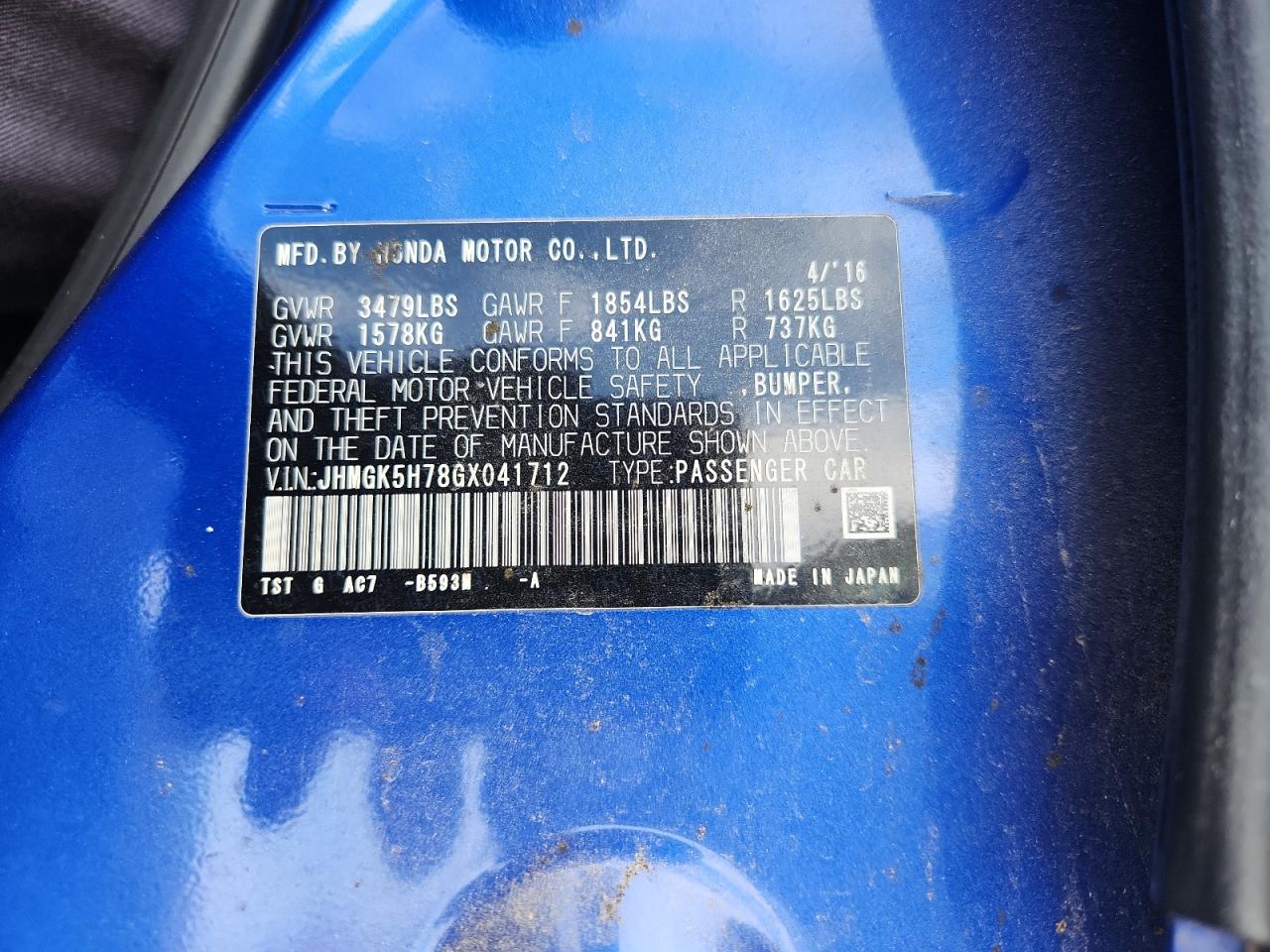 2016 Honda Fit Ex VIN: JHMGK5H78GX041712 Lot: 85089255