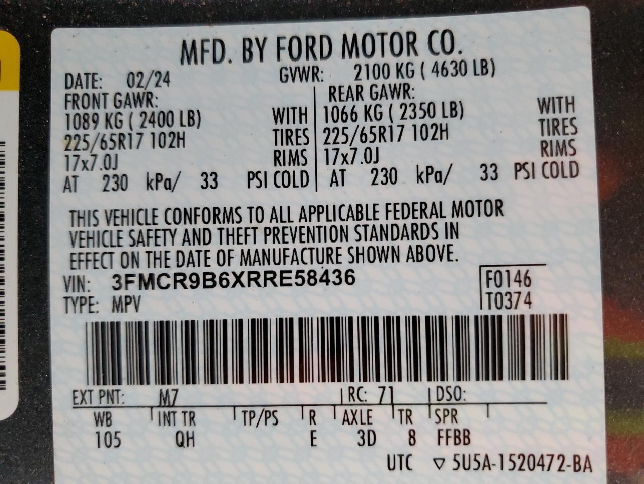 2024 Ford Bronco Sport Big Bend VIN: 3FMCR9B6XRRE58436 Lot: 85872265