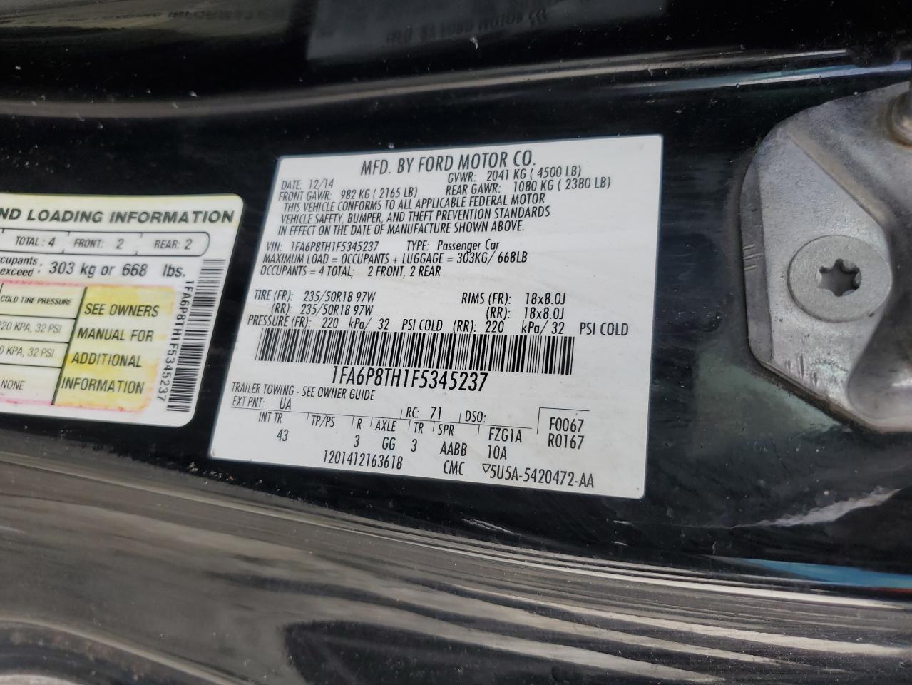 2015 Ford Mustang VIN: 1FA6P8TH1F5345237 Lot: 85736195