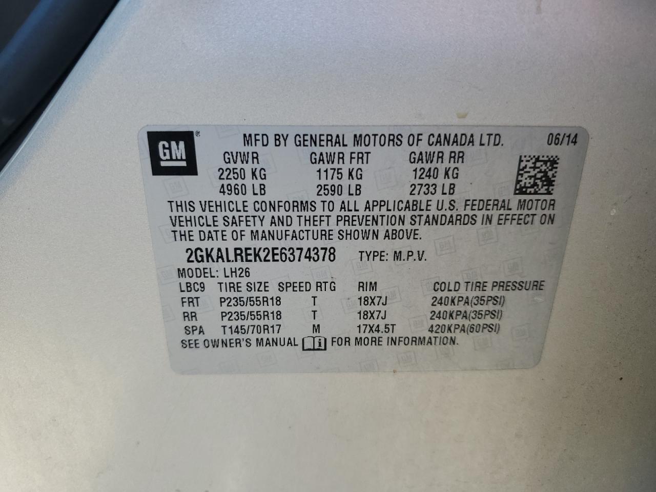 2014 GMC Terrain Sle VIN: 2GKALREK2E6374378 Lot: 82717115