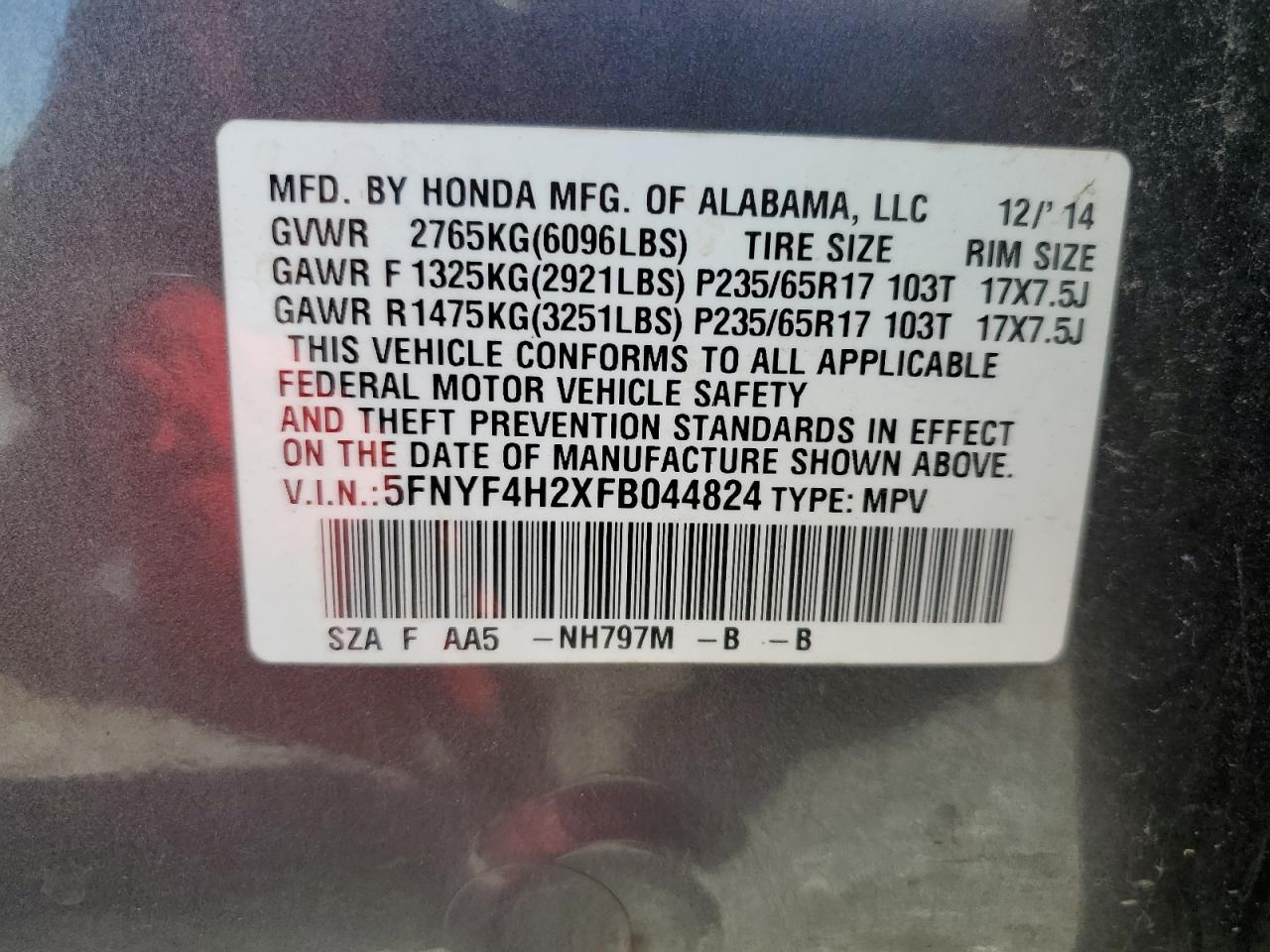 2015 Honda Pilot Lx VIN: 5FNYF4H2XFB044824 Lot: 85261175