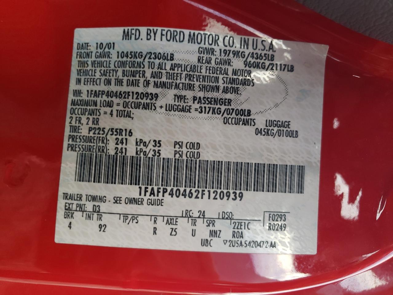 2002 Ford Mustang VIN: 1FAFP40462F120939 Lot: 81977115