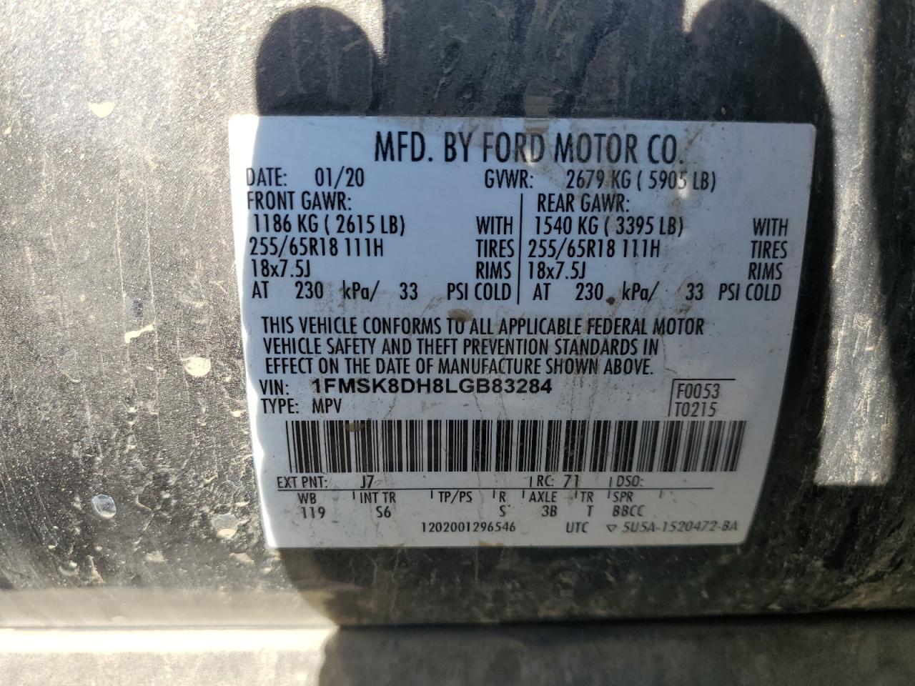 2020 Ford Explorer Xlt VIN: 1FMSK8DH8LGB83284 Lot: 85722165