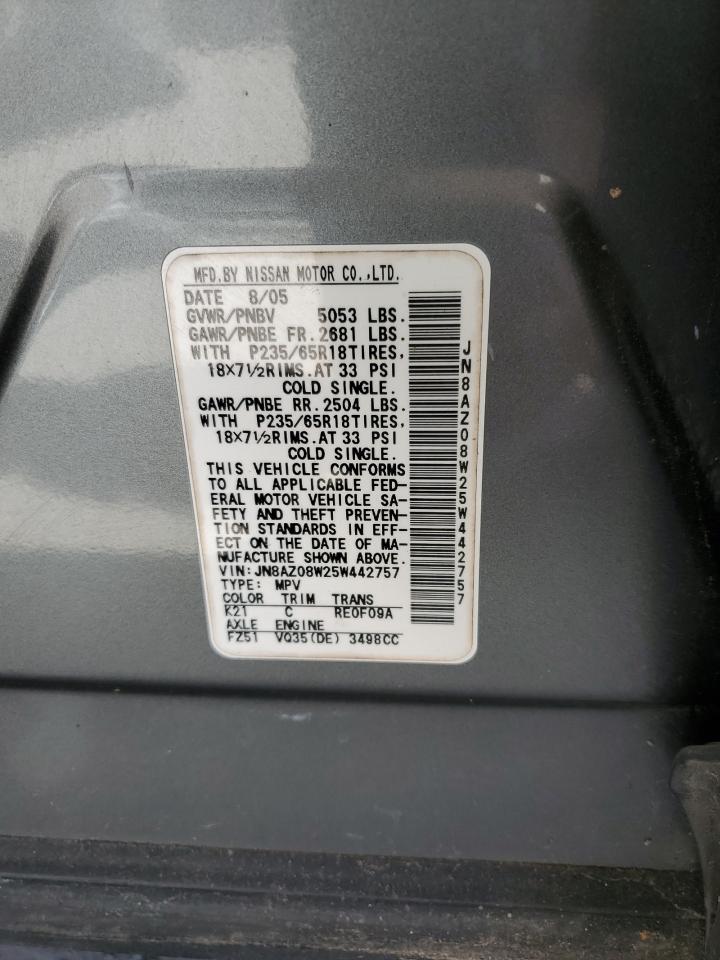 2005 Nissan Murano Sl VIN: JN8AZ08W25W442757 Lot: 89874185