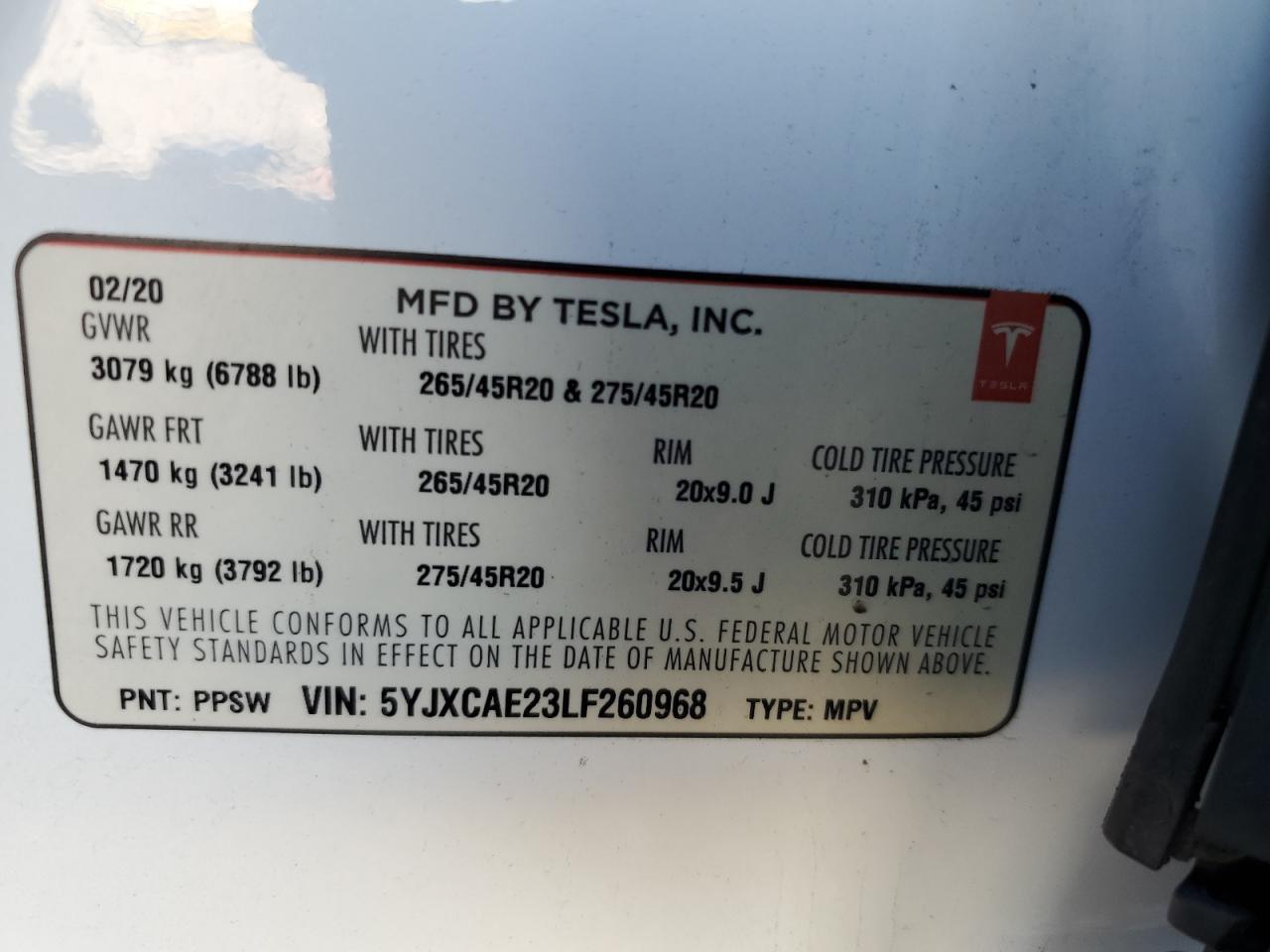2020 Tesla Model X VIN: 5YJXCAE23LF260968 Lot: 85529105