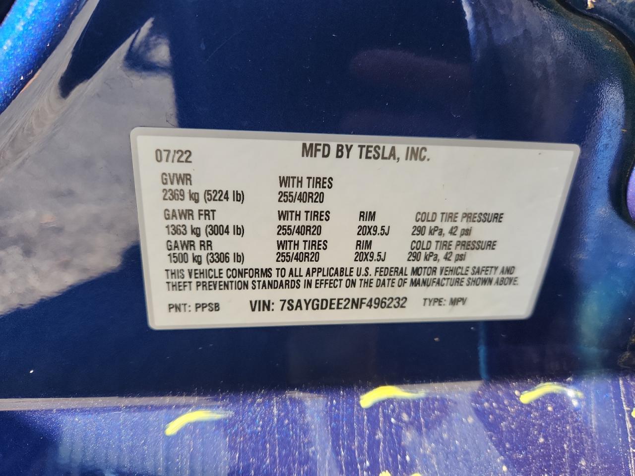 2022 Tesla Model Y VIN: 7SAYGDEE2NF496232 Lot: 82440705