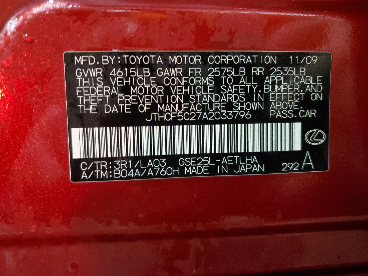 2010 Lexus Is 250 VIN: JTHCF5C27A2033796 Lot: 90036875