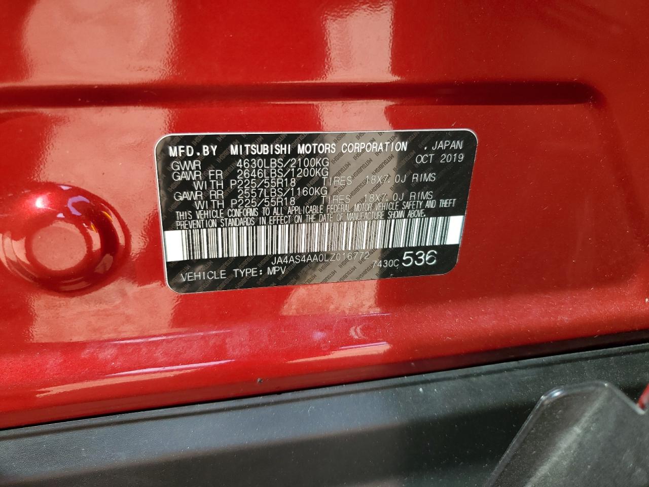 2020 Mitsubishi Eclipse Cross Le VIN: JA4AS4AA0LZ016772 Lot: 81999915