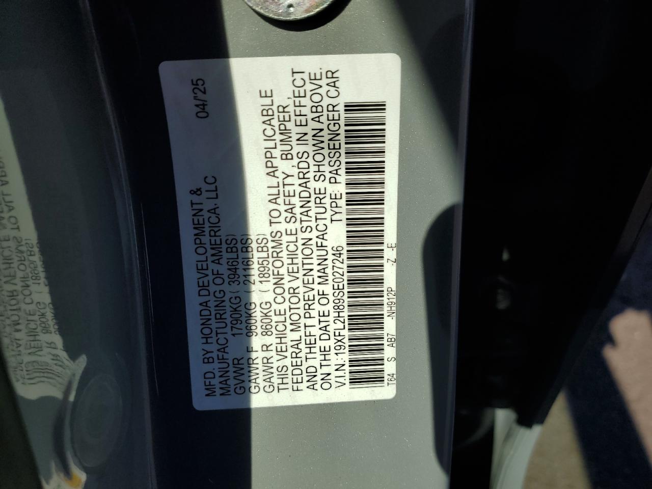 2025 Honda Civic Sport VIN: 19XFL2H89SE027246 Lot: 85380535