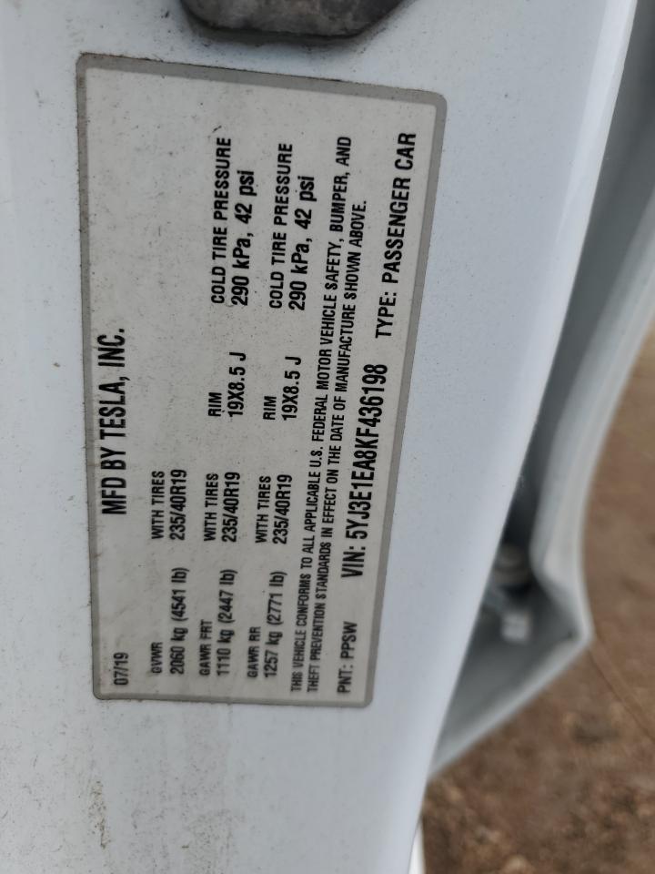2019 Tesla Model 3 VIN: 5YJ3E1EA8KF436198 Lot: 85350505
