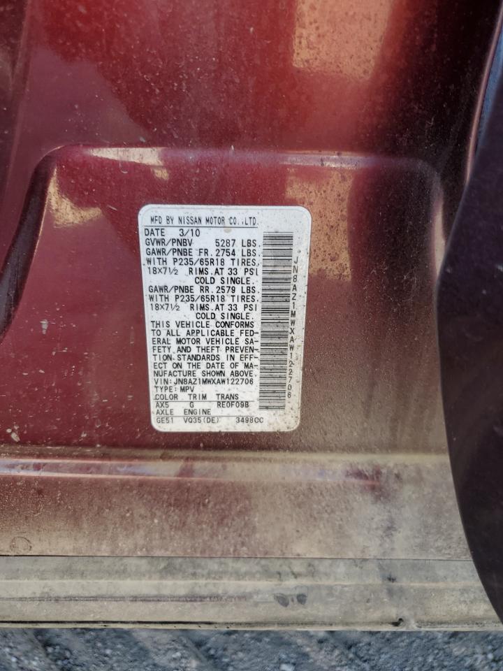 2010 Nissan Murano S VIN: JN8AZ1MWXAW122706 Lot: 87047855