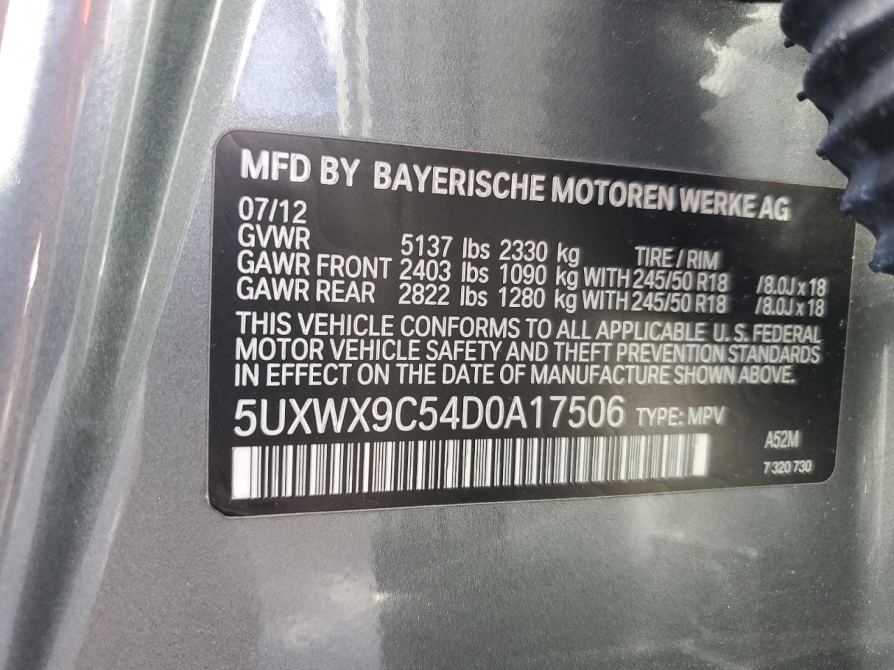 2013 BMW X3 xDrive28I VIN: 5UXWX9C54D0A17506 Lot: 85480035