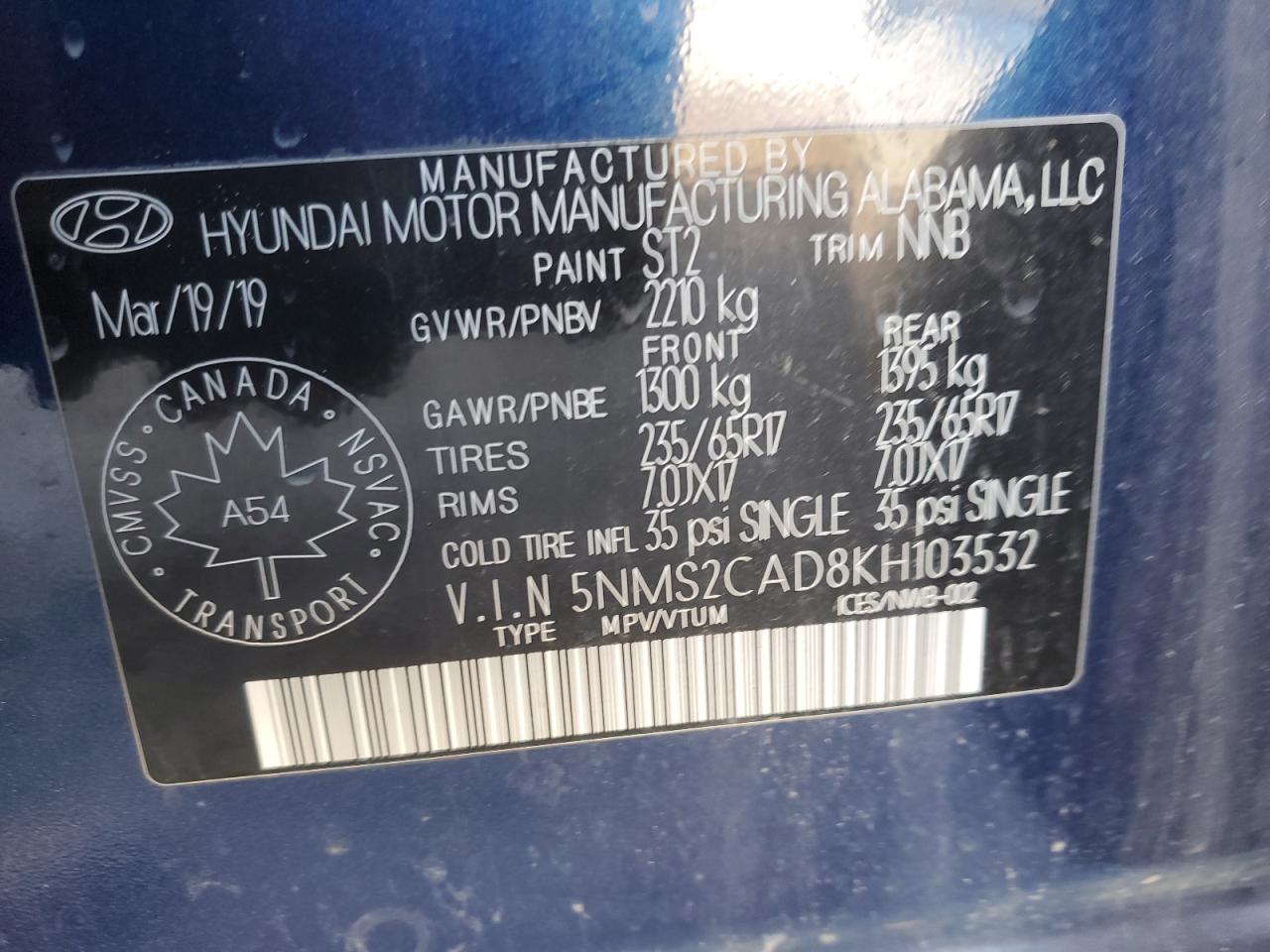 2019 Hyundai Santa Fe Se VIN: 5NMS2CAD8KH103532 Lot: 80732975