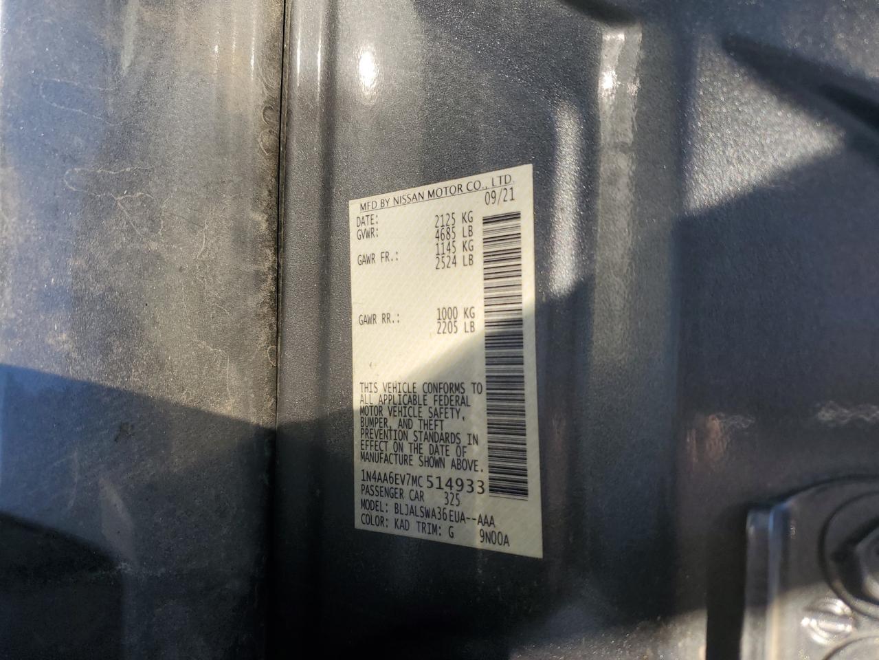 2021 Nissan Maxima Sr VIN: 1N4AA6EV7MC514933 Lot: 81560085