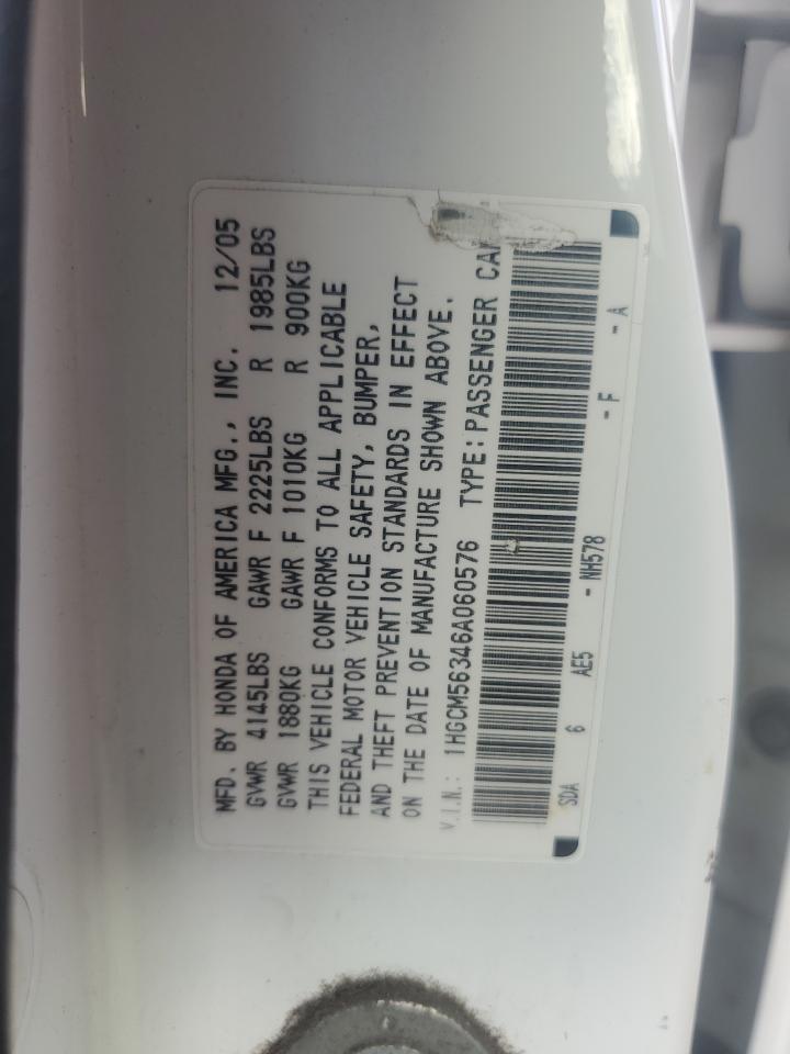 2006 Honda Accord Se VIN: 1HGCM56346A060576 Lot: 85277505