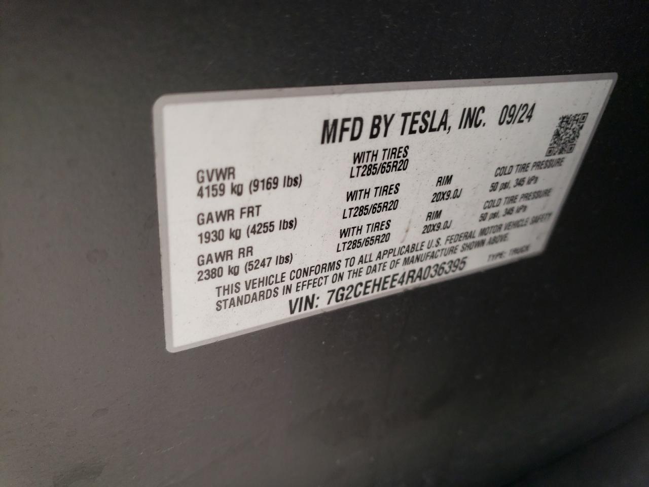 2024 Tesla Cybertruck VIN: 7G2CEHEE4RA036395 Lot: 90342375