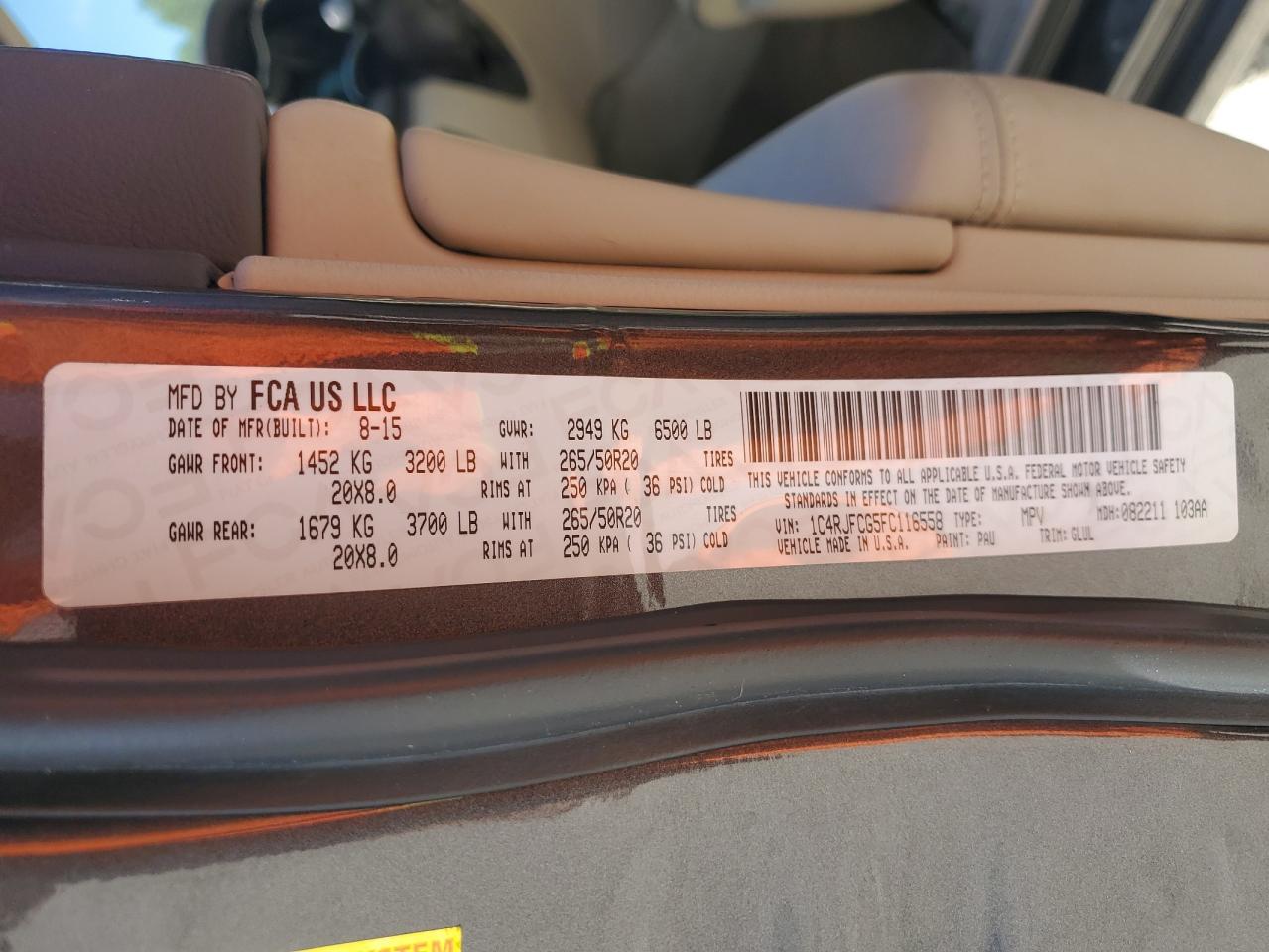 2015 Jeep Grand Cherokee Overland VIN: 1C4RJFCG5FC116558 Lot: 85106275