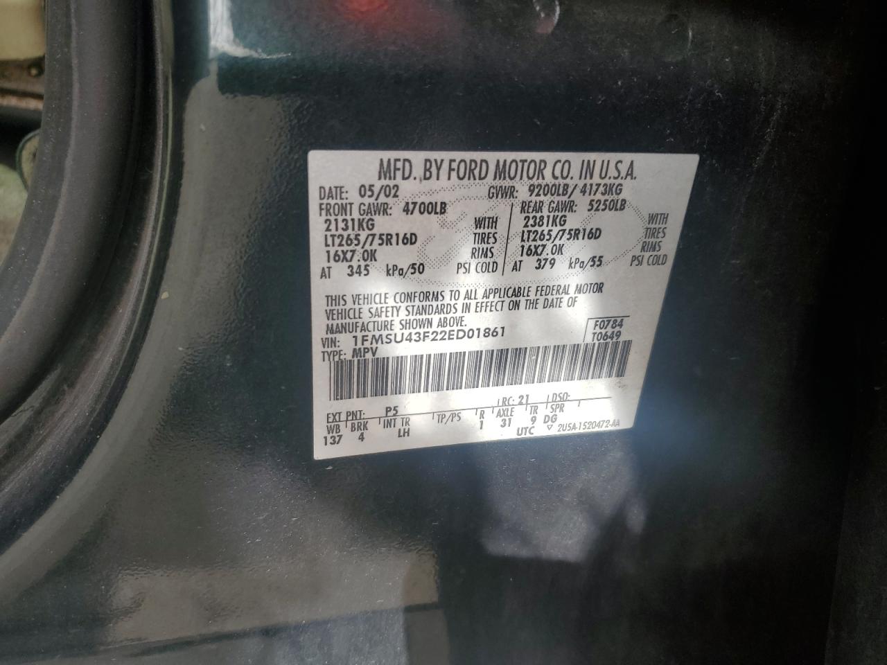 2002 Ford Excursion Limited VIN: 1FMSU43F22ED01861 Lot: 82265765