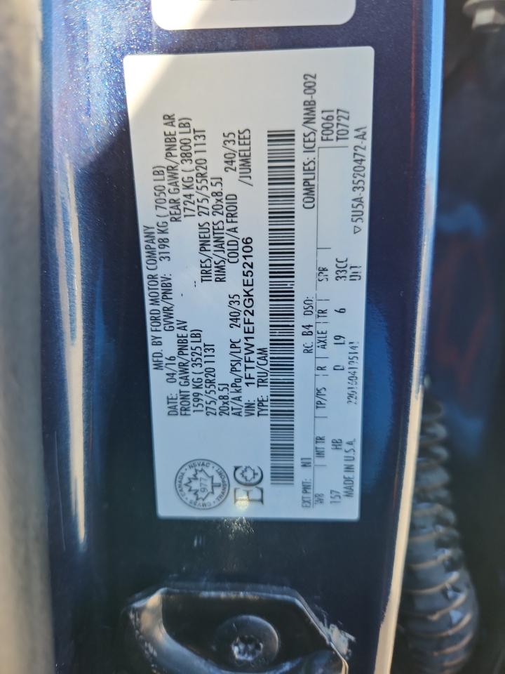 2016 Ford F150 Supercrew VIN: 1FTFW1EF2GKE52106 Lot: 90400995