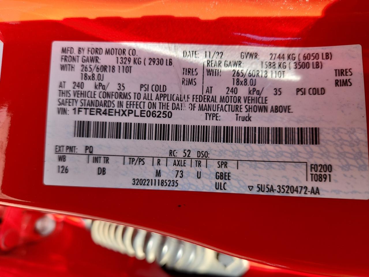2023 Ford Ranger Xl VIN: 1FTER4EHXPLE06250 Lot: 87096175