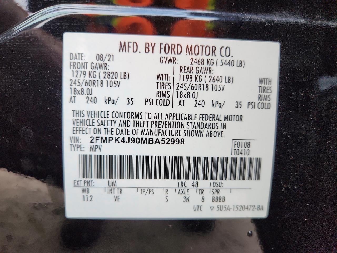 2021 Ford Edge Sel VIN: 2FMPK4J90MBA52998 Lot: 82309625