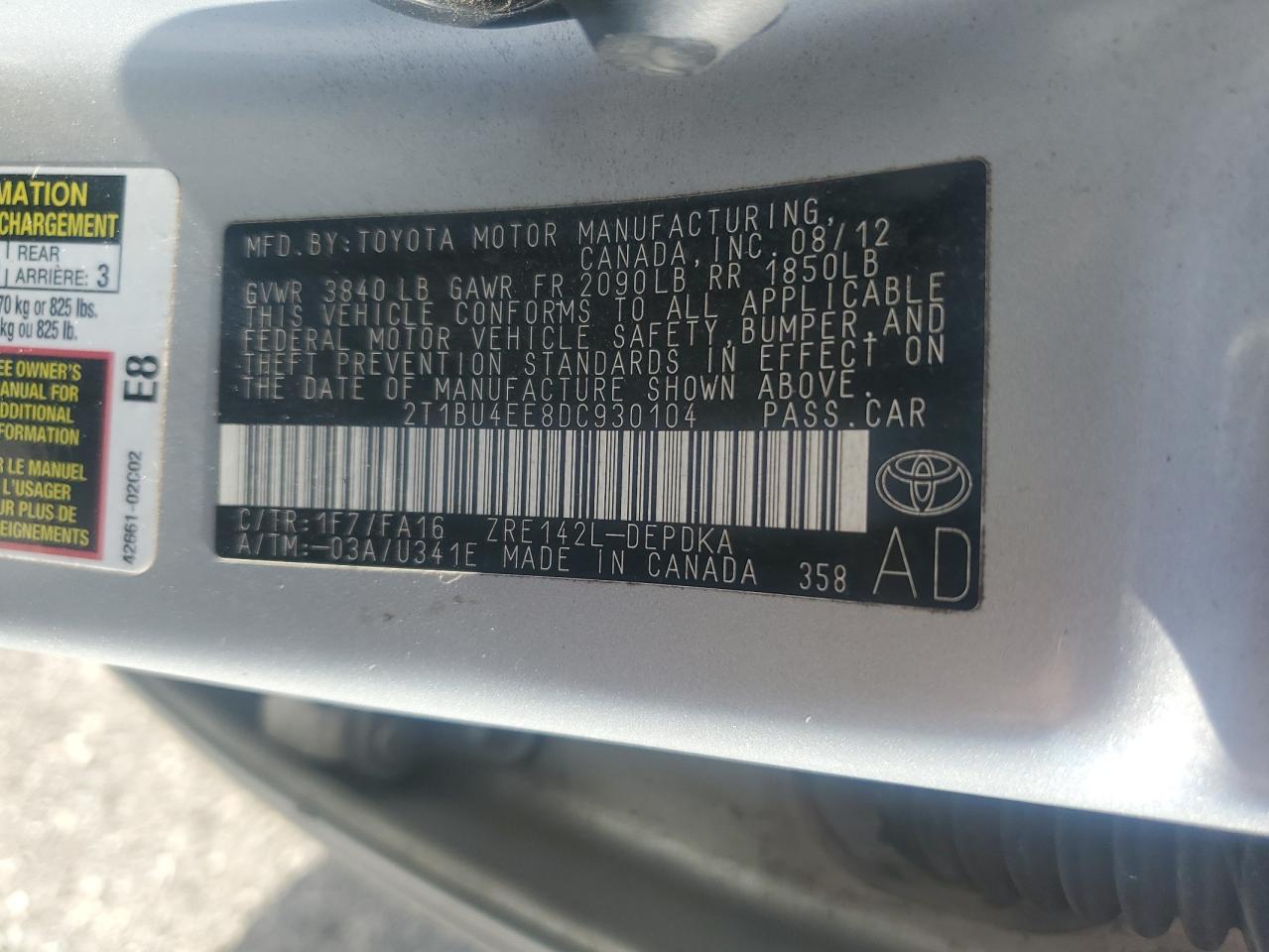 2013 Toyota Corolla Base VIN: 2T1BU4EE8DC930104 Lot: 86278015