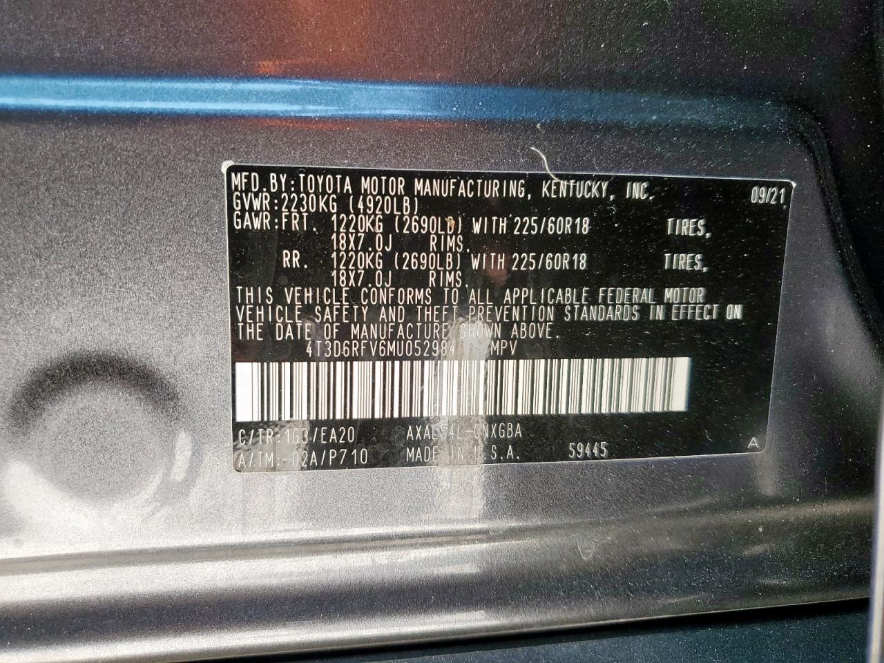 2021 Toyota Rav4 Limited VIN: 4T3D6RFV6MU052984 Lot: 84418245