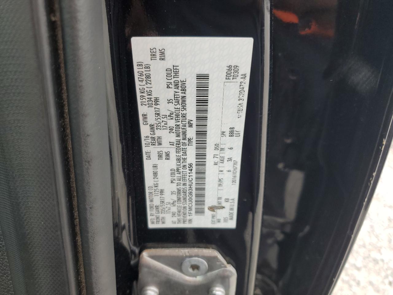 2017 Ford Escape Se VIN: 1FMCU0G93HUC11456 Lot: 82309805