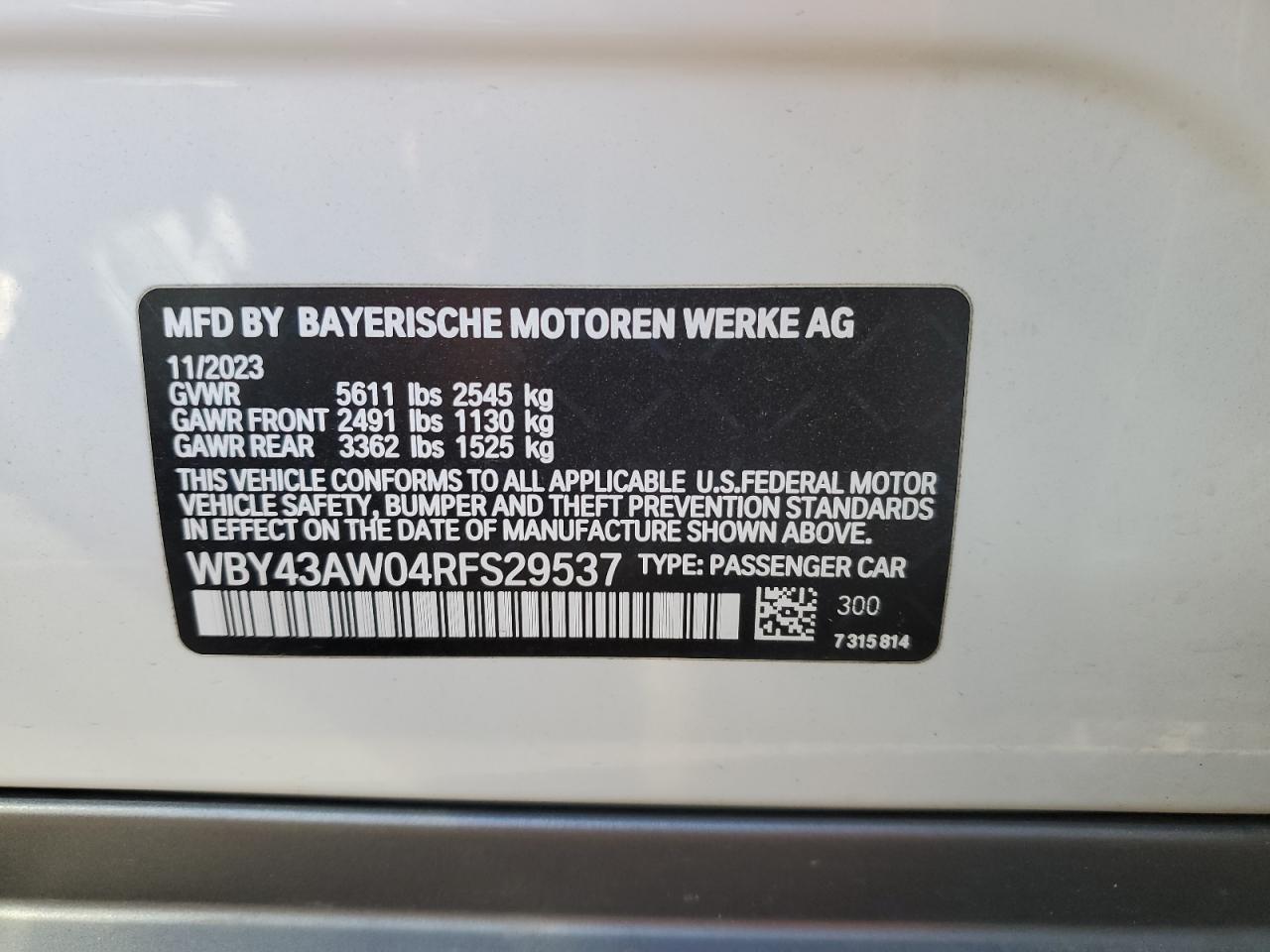 2024 BMW I4 Edrive 35 VIN: WBY43AW04RFS29537 Lot: 82543855