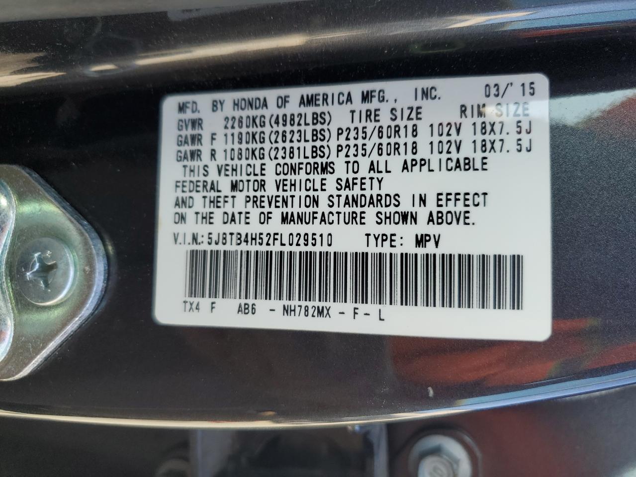 2015 Acura Rdx Technology VIN: 5J8TB4H52FL029510 Lot: 82007095